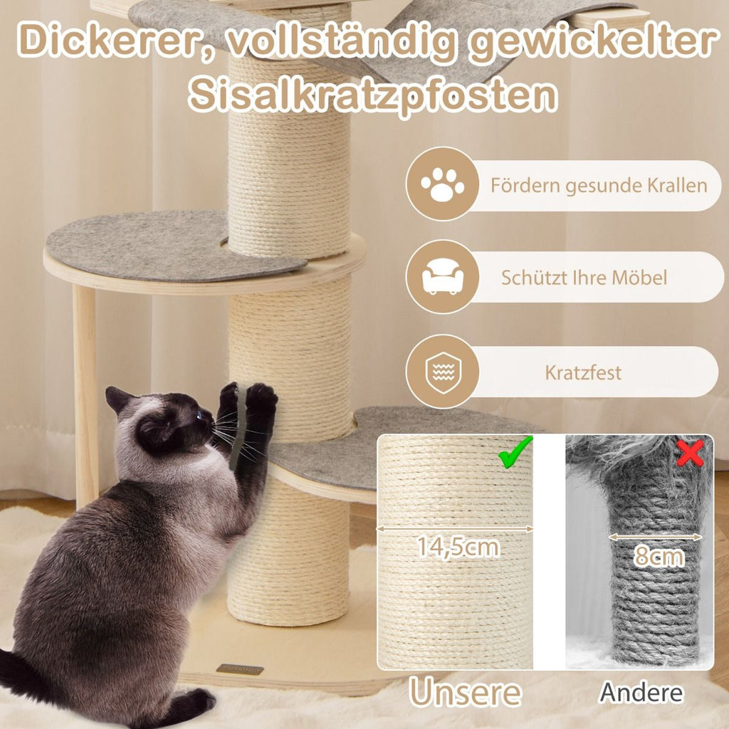 120 Cm Kratzbaum Holz Katzenbaum Mit Hängematte & 3 Plattformen & Sisal-Teppich Grau