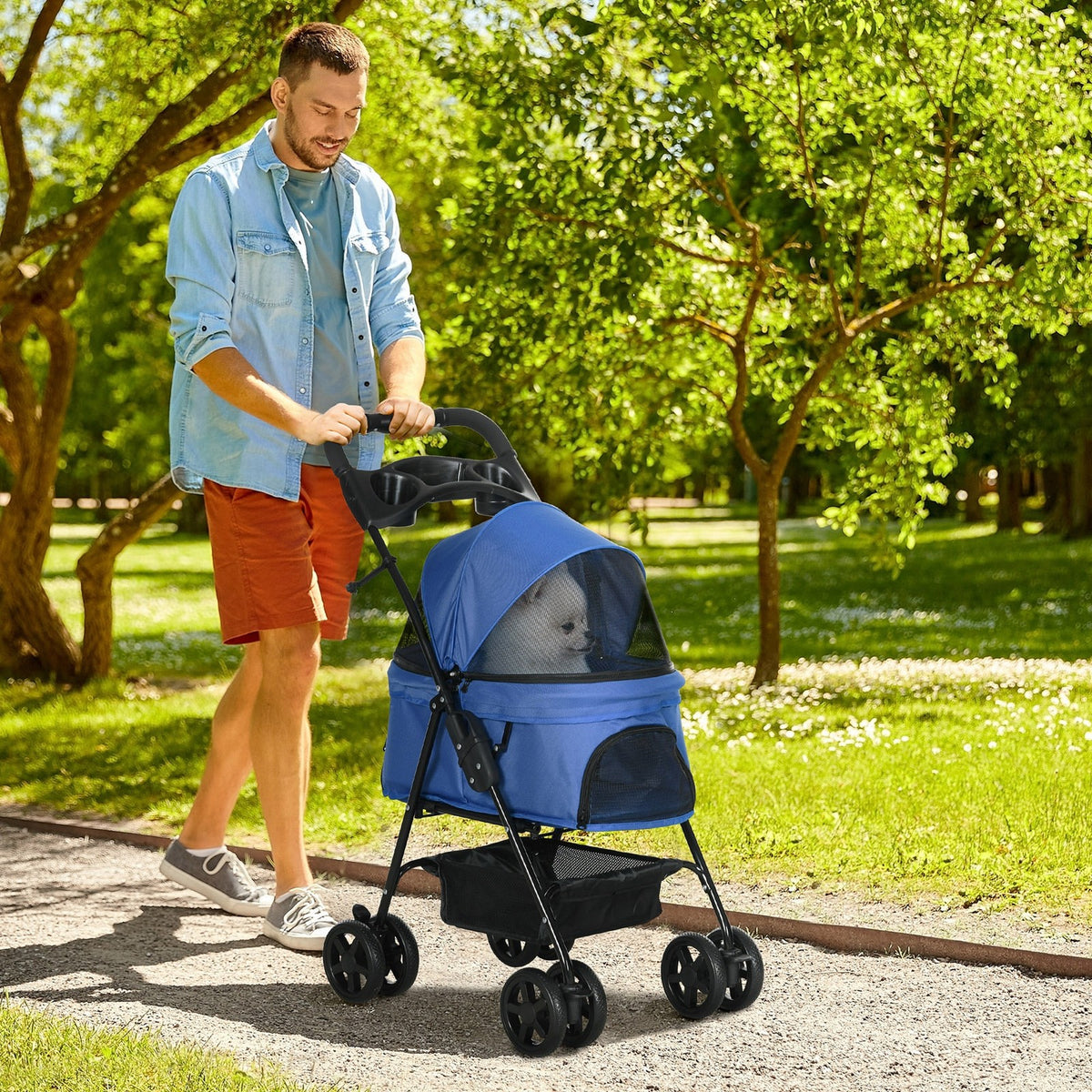 Hundewagen Pet Stroller Für Kleine Hunde Haustierwagen Klappbar Oxford Blau